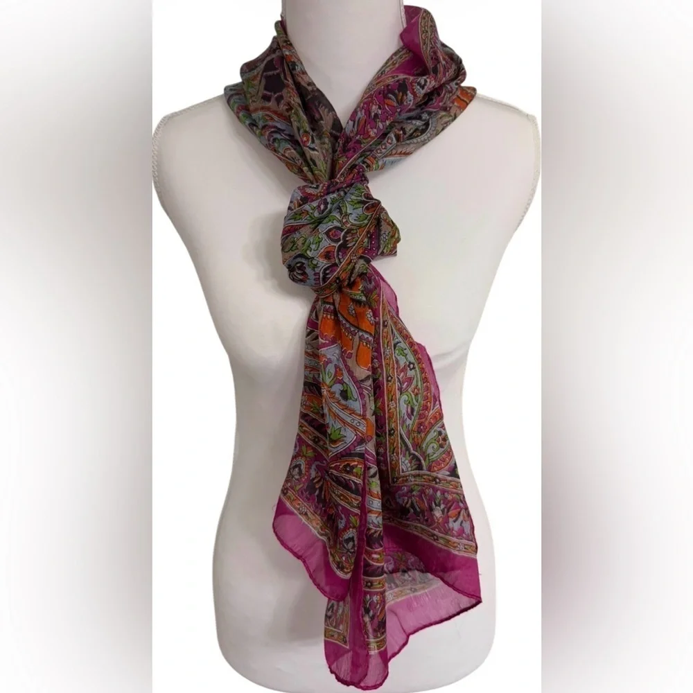 PASHTUSH 100% PURE SILK SCARF PAISLEY & ELEPHANT PRINT MULTICOLOR FUCCIA
